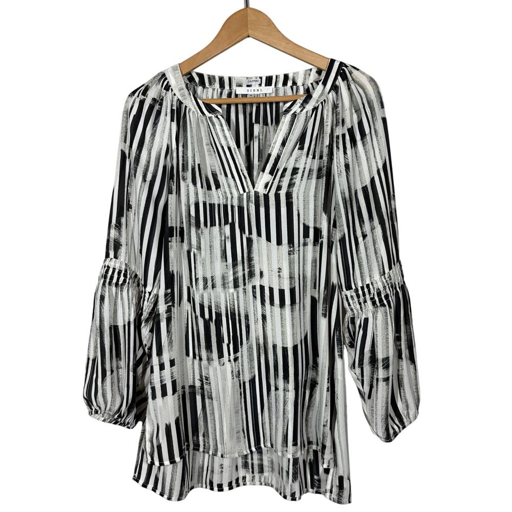 Sioni Bell Sleeve Tunic Top Casual Stripe Mid Mod Pleat Affect Career - M